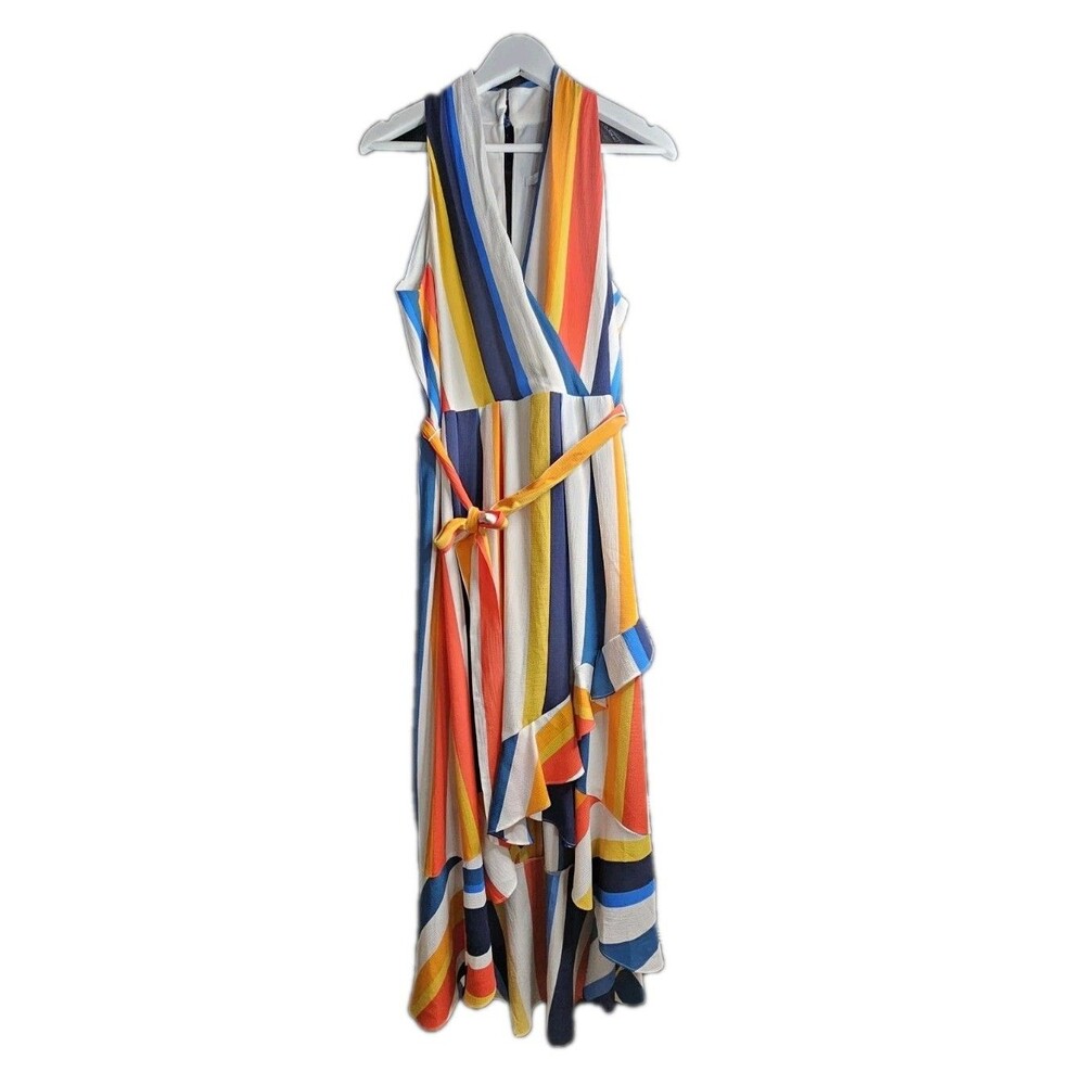 Julia Jordan Colorful Stripe Maxi Dress Womens 12 Belted Sleeveless Resort...